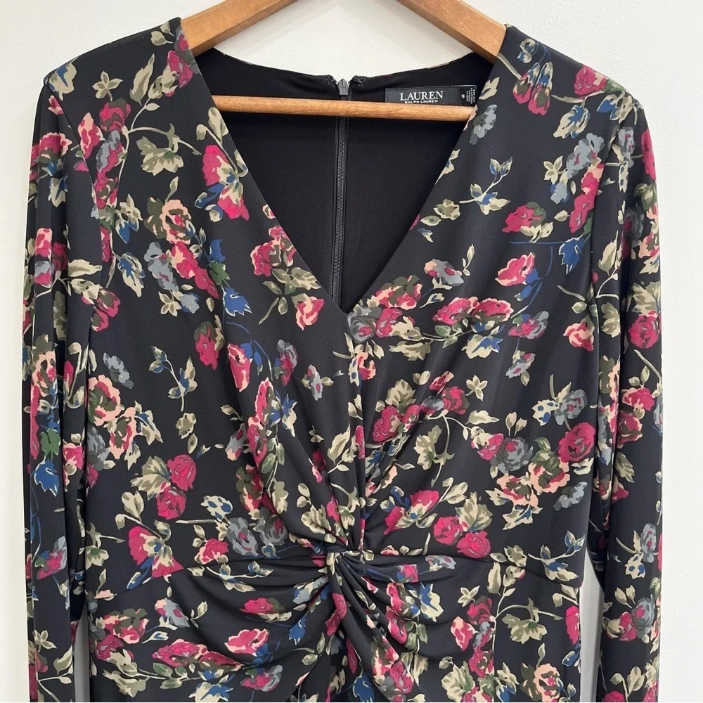 Lauren Ralph Lauren Black Moody Floral Surplice Stretch Jersey Midi Dress 16 - Picture 6 of 15